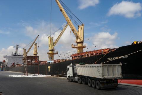 Greek-flagged bulk cargo vessel Sea Champion is docked to the port of Aden, Yemen to which it arrived after being attacked in the Red Sea in what appears to have been a mistaken missile strike by Houthi militia, February 21, 2024. REUTERS/Fawaz Salman