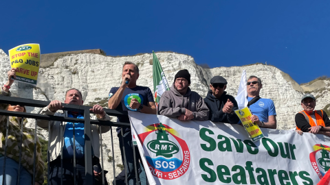 ITF Dockers&#039; Section Coordinator Enrico Tortolano addresses a rally for sacked P&amp;O Ferries workers in March 2022