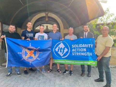 MSC Capucine crew receiving a visit from Turkish seafarers&#039; union TDS, which is supporting their cause. | (Credit: TDS)